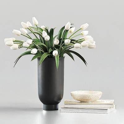 带有花瓶的白色郁金香花束的装饰摆件